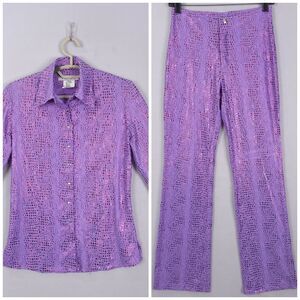 Vertigo Paris Suit Set Pants Shirt Purple Sz S Snaps Snakeskin Shiny Bootcut Y2K
